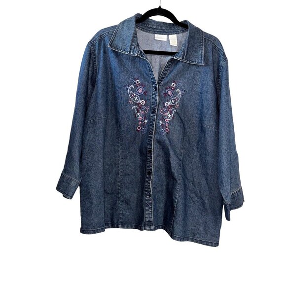 Denim Embroidered Button-Up Shirt 1X Erika Woman Cotton Blend - Picture 1 of 6